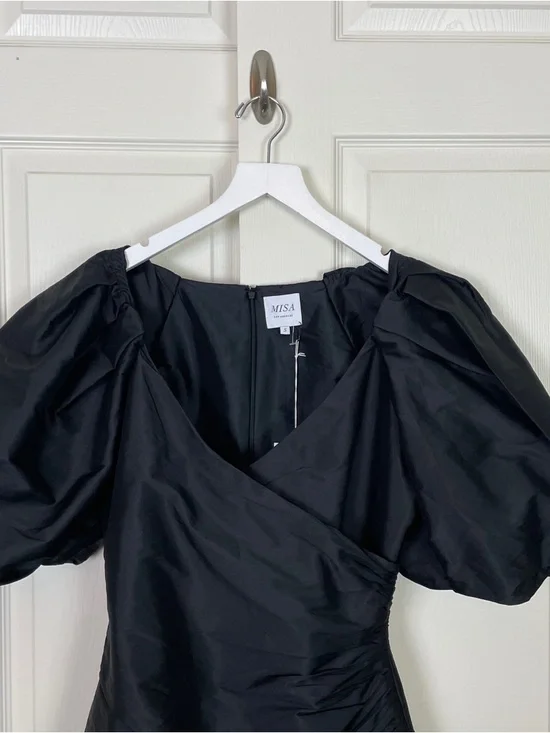 MISA Los Angeles Sybil Black Taffeta Mini Dress LBD Puff Sleeve NWT Sz S - Picture 3 of 10